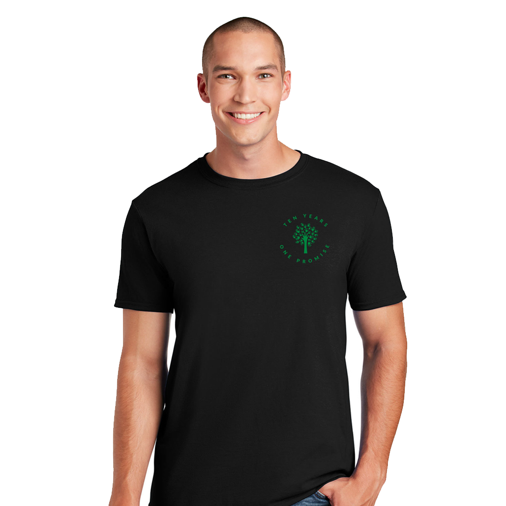Man wearing Sandy Hook Promise's black 12/14 Remembrance T-Shirt. Artwork text: Ten years. One Promise.