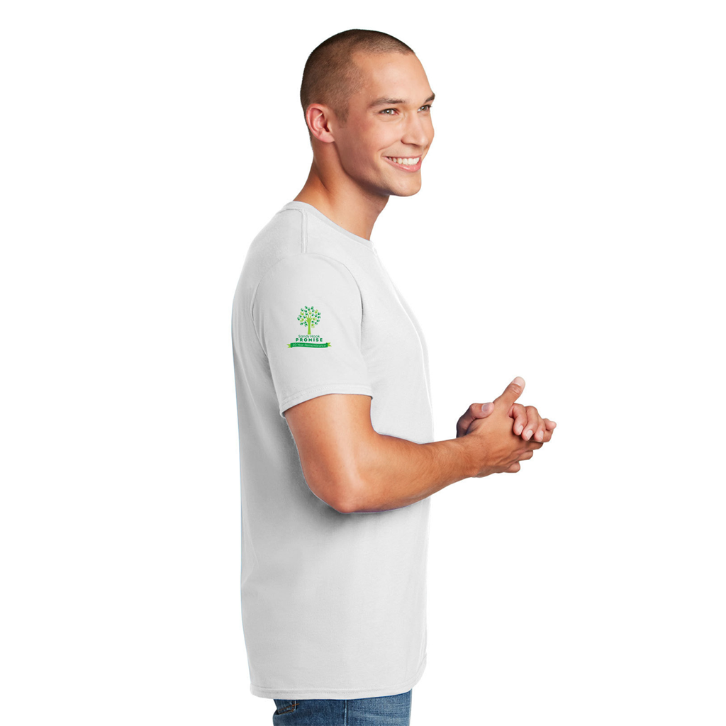 Side view of man wearing Sandy Hook Promise's white Classic Remembrance T-Shirt. 10-year remembrance logo printed on the sleeve