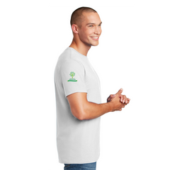 Side view of man wearing Sandy Hook Promise's white Classic Remembrance T-Shirt. 10-year remembrance logo printed on the sleeve
